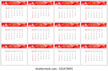 Year 2017 vector monthly calendar. Week starting from Sunday. Contemporary low poly design in red color.