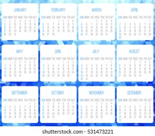 Year 2017 vector monthly calendar. Week starting from Sunday. Contemporary low poly design in blue color.