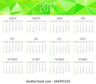 Year 2017 vector monthly calendar. Week starting from Sunday. Contemporary low poly design in vibrant green color.