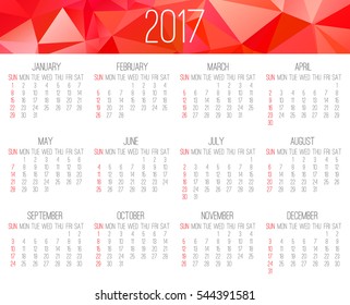 Year 2017 vector monthly calendar. Week starting from Sunday. Contemporary low poly design in red color.