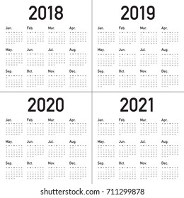 Year 2018 2019 2020 2021 calendar vector design template, simple and clean design