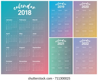 Year 2018 2019 2020 2021 2022 calendar vector design template, simple and clean design