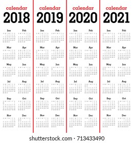 Year 2018 2019 2020 2021 calendar vector design template, simple and clean design