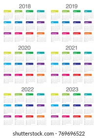 Year 2018 2019 2020 2021 2022 2023 calendar vector design template, simple and clean design