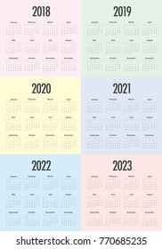 Year 2018 2019 2020 2021 2022 2023 calendar vector design template, simple and clean design