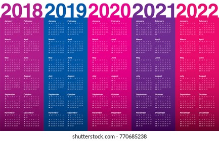 Year 2018 2019 2020 2021 2022 calendar vector design template, simple and clean design