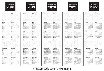 Year 2018 2019 2020 2021 2022 calendar vector design template, simple and clean design