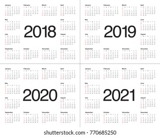 Year 2018 2019 2020 2021 calendar vector design template, simple and clean design