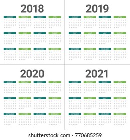 Year 2018 2019 2020 2021 calendar vector design template, simple and clean design