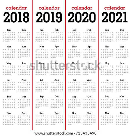 Year 2018 2019 2020 2021 calendar vector design template, simple and clean design