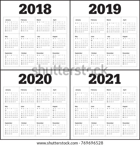 Year 2018 2019 2020 2021 calendar vector design template, simple and clean design