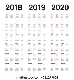 Year 2018 2019 2020 calendar vector design template, simple and clean design