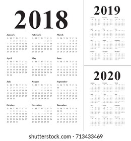 Year 2018 2019 2020 calendar vector design template, simple and clean design