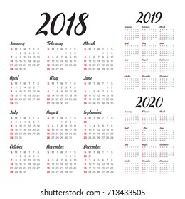 Year 2018 2019 2020 calendar vector design template, simple and clean design