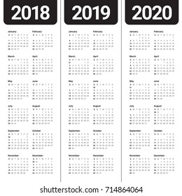 Year 2018 2019 2020 calendar vector design template, simple and clean design