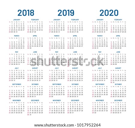 Year 2018 2019 2020 calendar vector design template. Compound planner with blue letters and numbers on a white background. Vector illustration