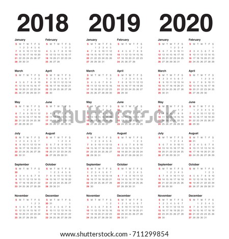 Year 2018 2019 2020 calendar vector design template, simple and clean design