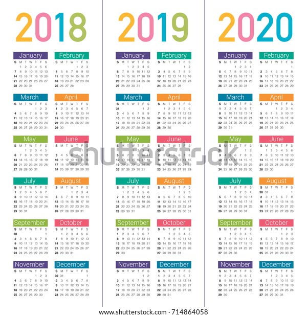 Year 2018 2019 2020 Calendar Vector Stock Vector (Royalty Free ...