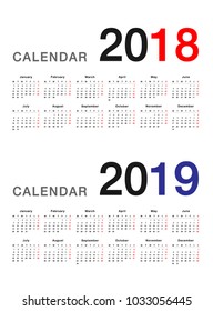 Year 2018 and Year 2019 calendar horizontal vector design template, simple and clean design. Calendar for 2018 and 2019 on White Background for organization and business. Week Starts Monday. EPS 10.