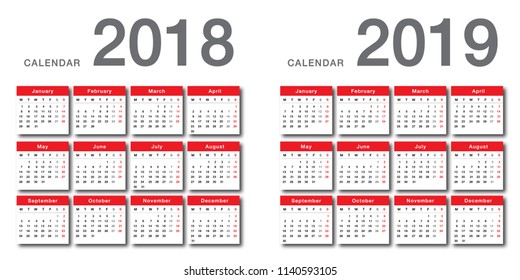 Year 2018 and Year 2019 calendar vector design template, simple and clean design. Calendar for 2018 and 2019 on White Background for organization and business. Week Starts Monday.  Vector Template