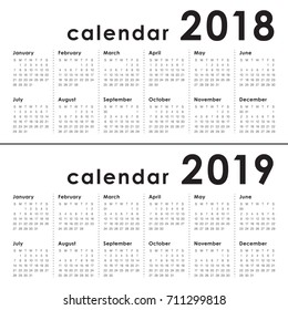 Year 2018 2019 calendar vector design template, simple and clean design