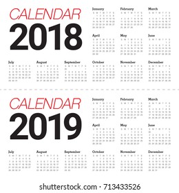Year 2018 2019 calendar vector design template, simple and clean design