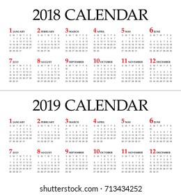 Year 2018 2019 calendar vector design template, simple and clean design