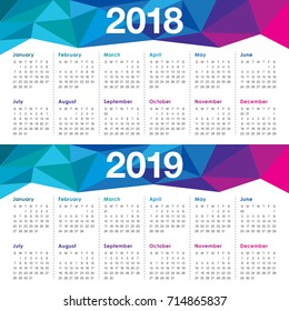 Year 2018 2019 calendar vector design template, simple and clean design