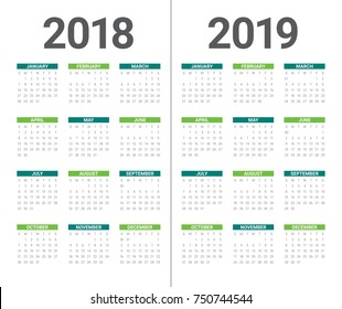 Year 2018 2019 calendar vector design template, simple and clean design