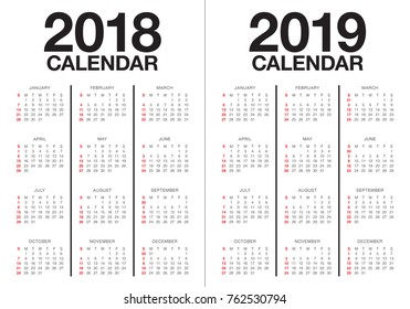 Year 2018 2019 calendar vector design template, simple and clean design