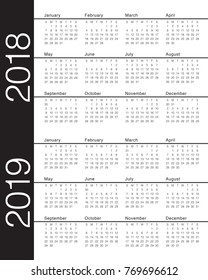 Year 2018 2019 calendar vector design template, simple and clean design