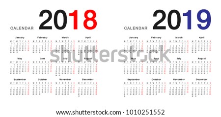 Year 2018 and Year 2019 calendar vector design template, simple and clean design. Calendar for 2018 and 2019 on White Background for organization and business. Week Starts Monday.  Vector Template