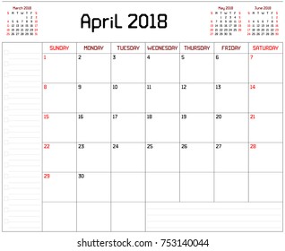 Year 2018 April planner - A monthly planner calendar for April 2018 on white background. A custom straight lines thick font is used.