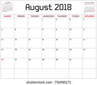 Year 2018 August Planner - A monthly planner calendar for August 2018 on white. A square pixel style is used.