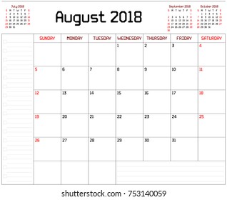 Year 2018 August planner - A monthly planner calendar for August 2018 on white background. A custom straight lines thick font is used.