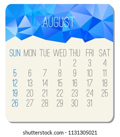 Year 2018 August vector calendar. Week starting from Sunday. Contemporary low poly design in blue color.