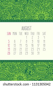 Year 2018 August vector calendar over green lacy floral doodle hand drawn background, week starting from Sunday.