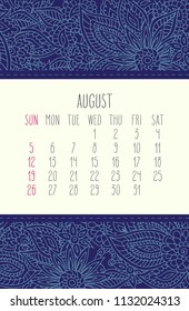 Year 2018 August vector calendar over blue lacy floral doodle hand drawn background, week starting from Sunday.