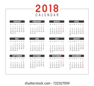 Year 2018 black and red minimalist calendar, on white background. Vector template.