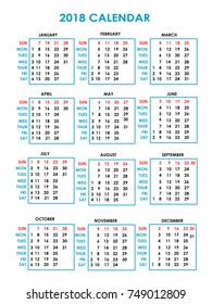 year 2018 calendar with red and blue design isolated background