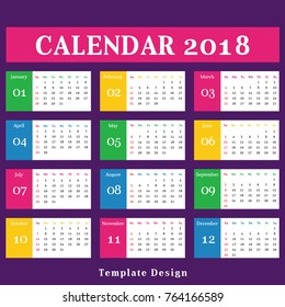 Year 2018 Calendar Simple Clean Template. Flat Metro Colorful Design for Room Office, Kids Children School wall or desk.