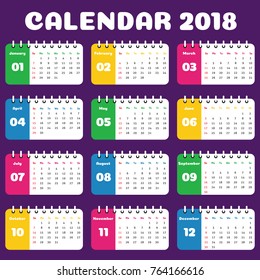 Year 2018 Calendar Simple Clean Template. Rounded Frame Colorful Design for Room Office, Kids Children School wall or desk.