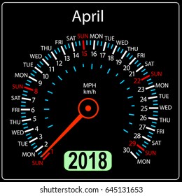 Year 2018 calendar speedometer car in concept. April.