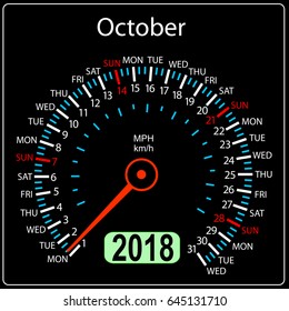 Year 2018 calendar speedometer car in concept. October.