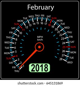 Year 2018 calendar speedometer car in concept. February.