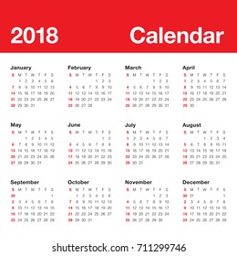 Year 2018 calendar vector design template, simple and clean design