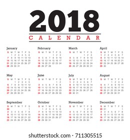 Year 2018 calendar vector design template, simple and clean design