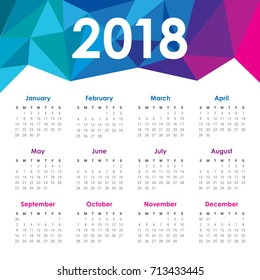 Year 2018 calendar vector design template, simple and clean design