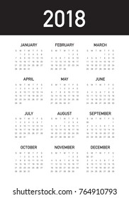 Year 2018 calendar vector design template, simple and clean design
