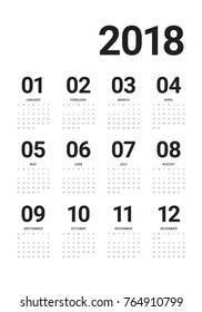 Year 2018 calendar vector design template, simple and clean design